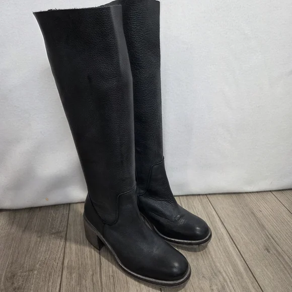 FREE PEOPLE Essential Boots 36 / 6 Washed Out Black Leather Tall Block Heel Boho - Picture 8 of 16